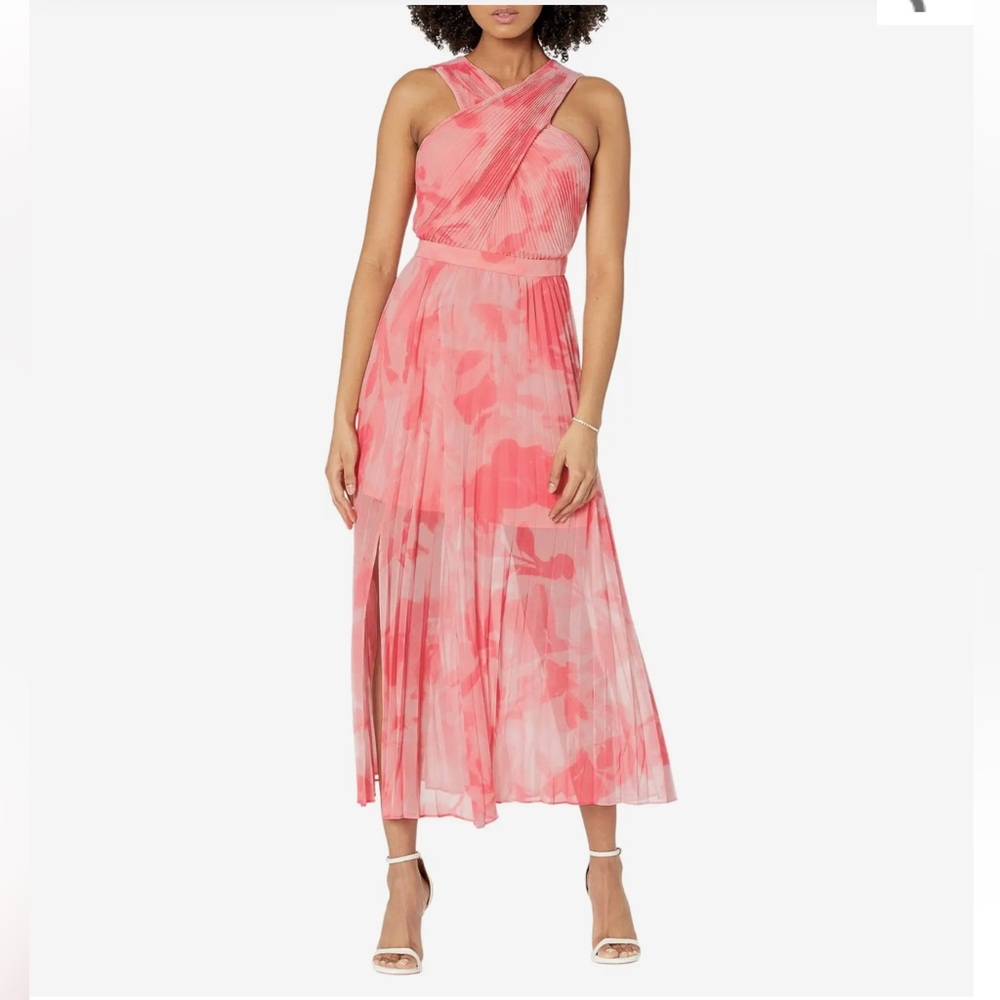 Ted Baker London Coral Pink One-Shoulder Pleated Midi Dress